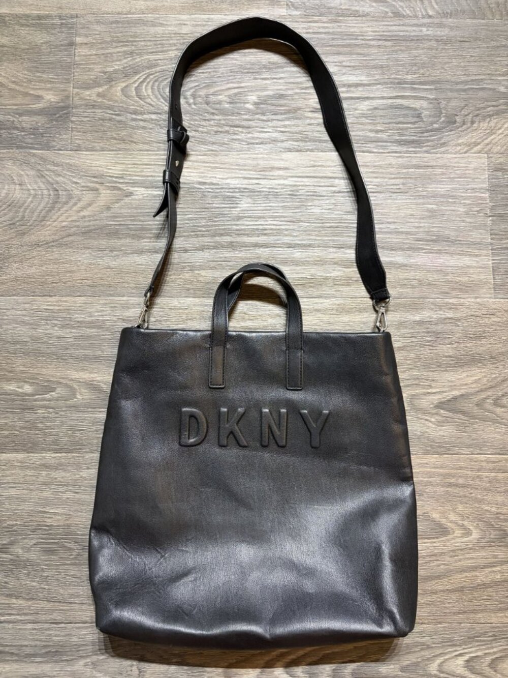 DKNY Tilly Logo Convertible Strap North South Tote Bag Purse Black Vegan Leather